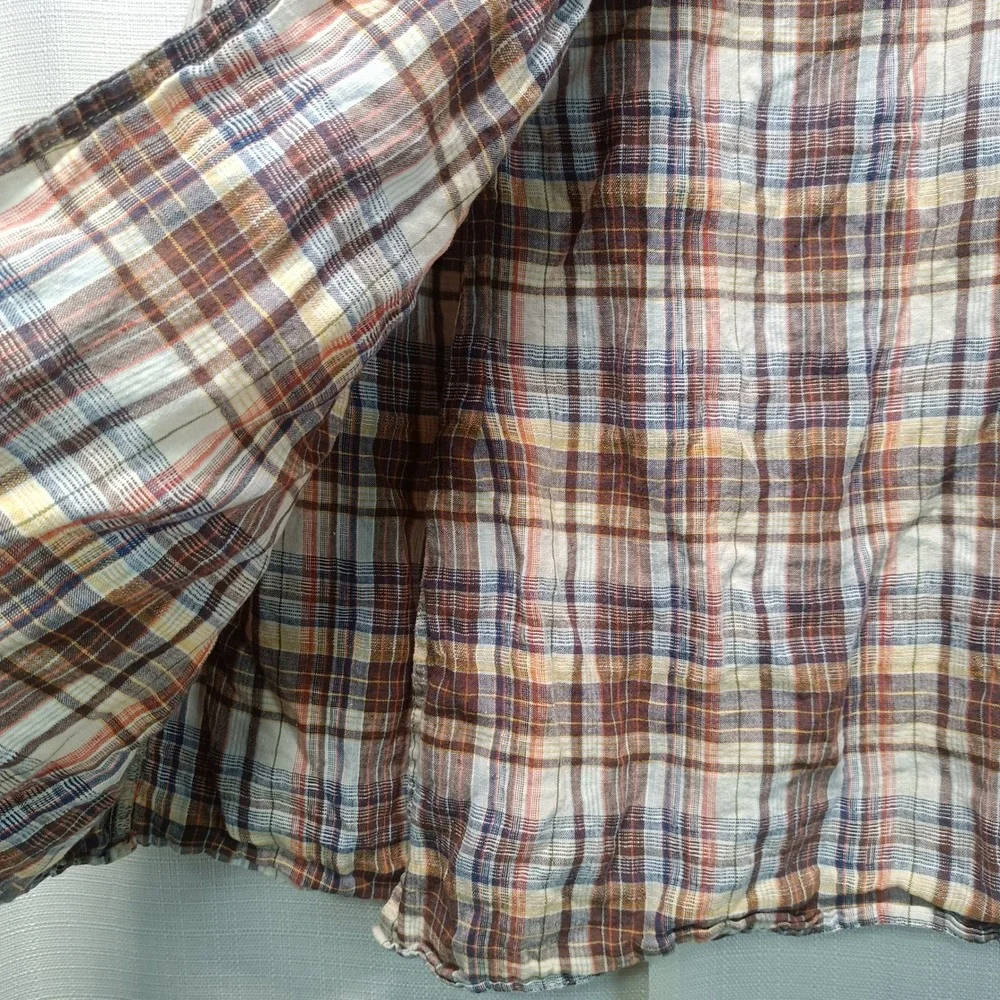 Eddie Bauer Women 4P Petite Plaid Linen Wrap Midi Skirt Brown Orange Blue Casual